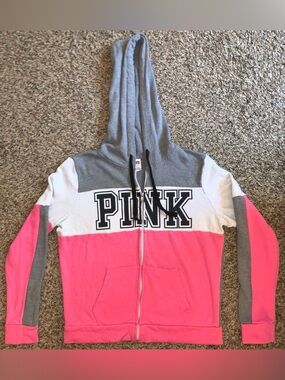 PINK Victorias Secret Colorblock Zip Hoodie - Gray, White & Hot Pink
